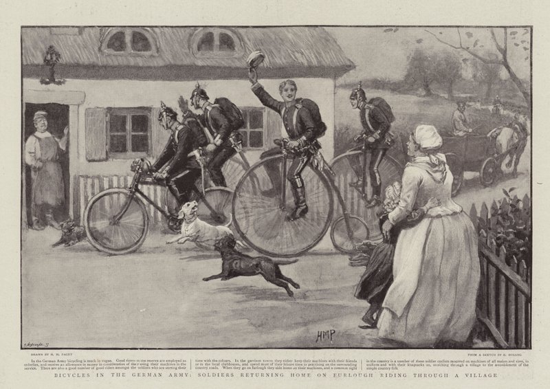 Kerékpárok a német hadseregben, katonák hazatérő szabadságon, lovagolva egy falun alkotó: Henry Marriott Paget