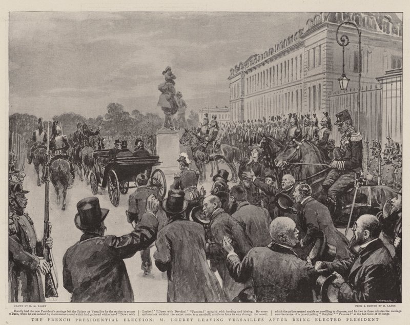 A francia elnökválasztás, M Loubet elhagyja Versailles-t, miután elnökké választották alkotó: Henry Marriott Paget