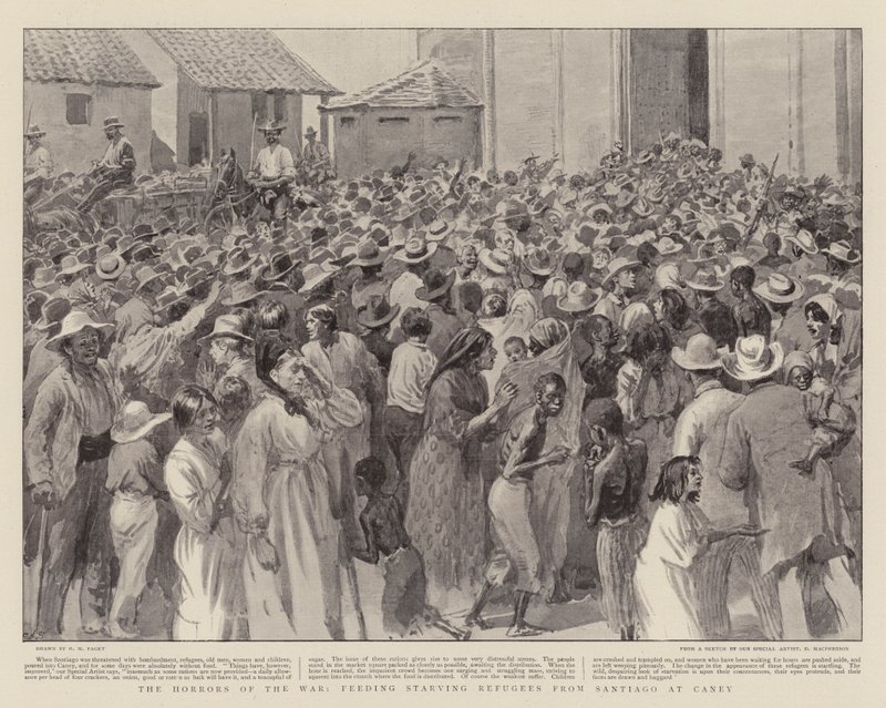 A háború borzalmai, éhező menekültek etetése Santiagoból, Caneyben alkotó: Henry Marriott Paget