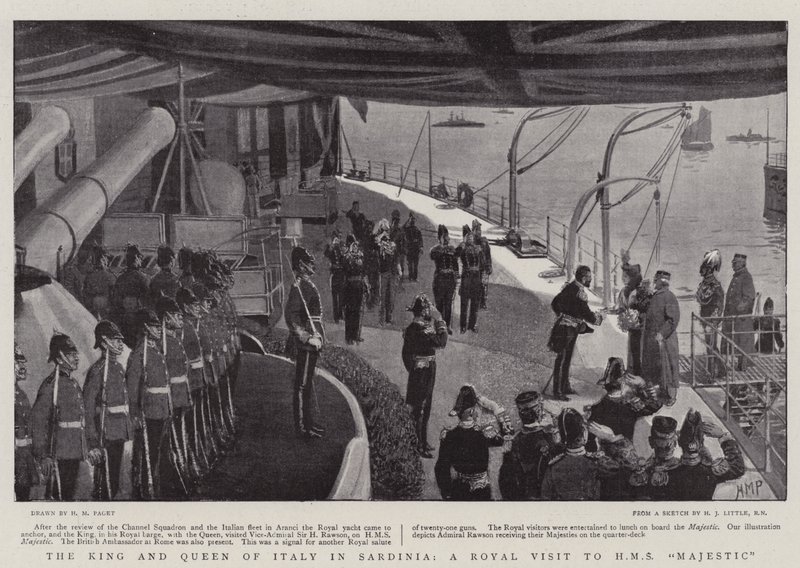 Olaszország királya és királynője Szardínián, királyi látogatás a HMS Majesticben alkotó: Henry Marriott Paget
