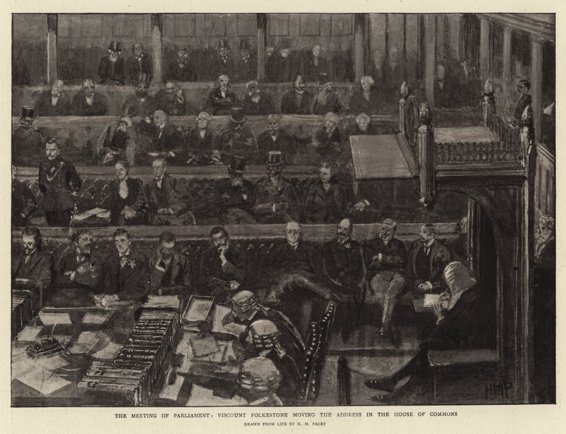 A Parlament ülése, Folkestone gróf beszéde a Parlament alsóházában alkotó: Henry Marriott Paget