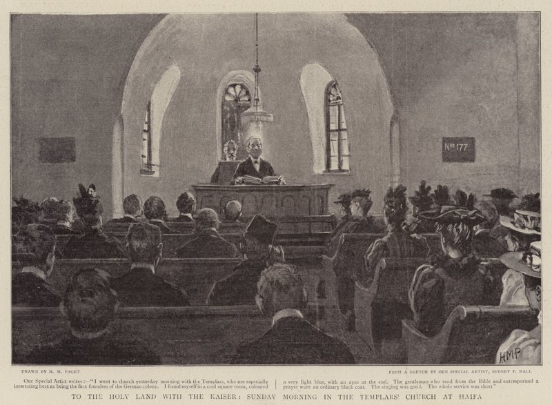 A Szentföldre a császárral, vasárnap reggel a haifai templomosok templomában alkotó: Henry Marriott Paget