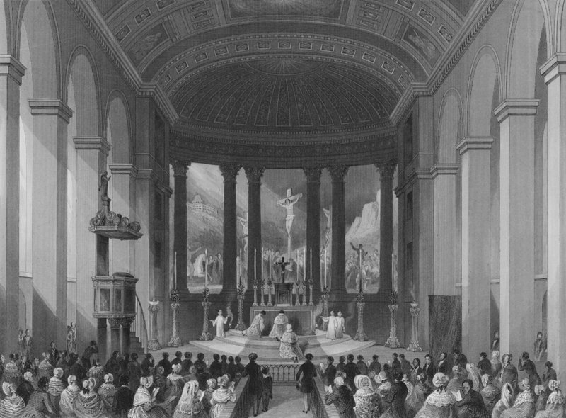 Nagymise ünneplése karácsony napján, római katolikus kápolna, Moorfields, London City (metszet) alkotó: Henry Melville