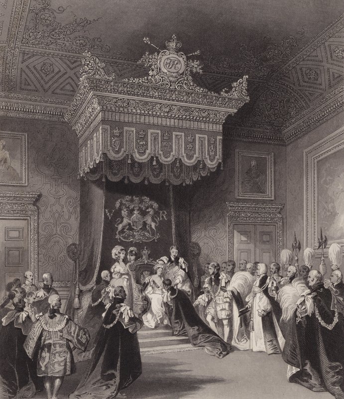 Viktória királynő a trónon, Szent Jakab-palota, London (metszet) alkotó: Henry Melville