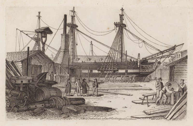 Egy nyugat-indiai Cox and Curlins Yardban, Limehouse-ban alkotó: Henry Moses