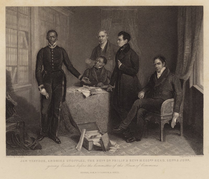 Jan Tzatzoe, Andries Stoffles, Dr. Philip tiszteletes és Read tiszteletes urak, idősebb és fiatalabb, tanúskodnak az alsóház bizottsága előtt alkotó: Henry Room
