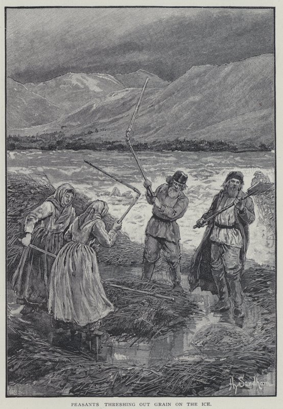Parasztok gabonát csépelnek a jégen (litho) alkotó: Henry Sandham