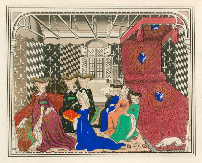 Christine de Pisan, bemutatja könyvét Franciaország királynőjének, 15. század eleje alkotó: Henry Shaw