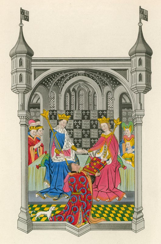John Talbot, Shrewsbury grófja bemutatja könyvét Margaret királynőnek, illusztrációja Henry G. Bohn „Ruhák és dekorációk” című könyvéből alkotó: Henry Shaw