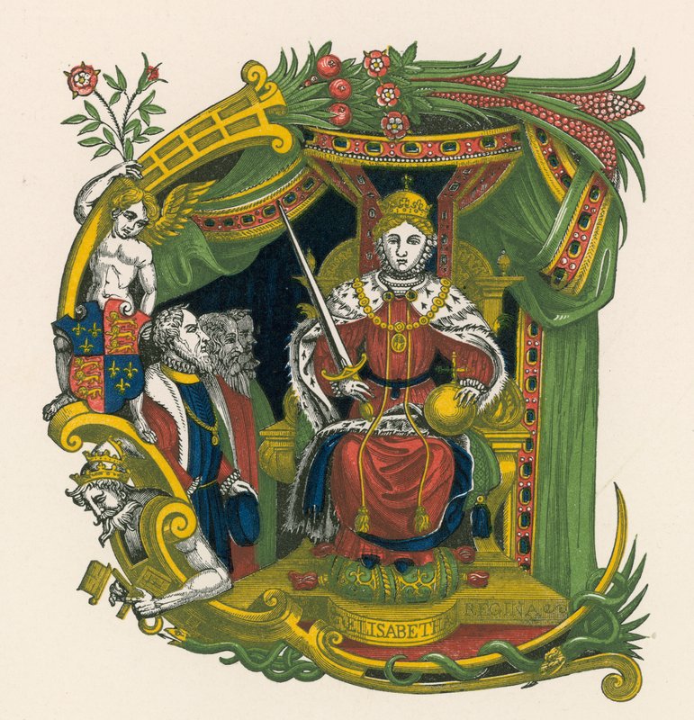 Dísz E betű, I. Erzsébet királynő arcképével alkotó: Henry Shaw
