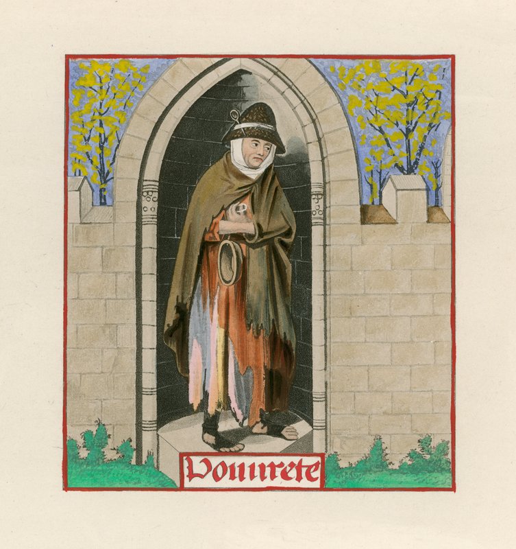 Szegénység, a Rózsa románcából, 1480 körül, a British Museumban, Harl M S 4425 alkotó: Henry Shaw