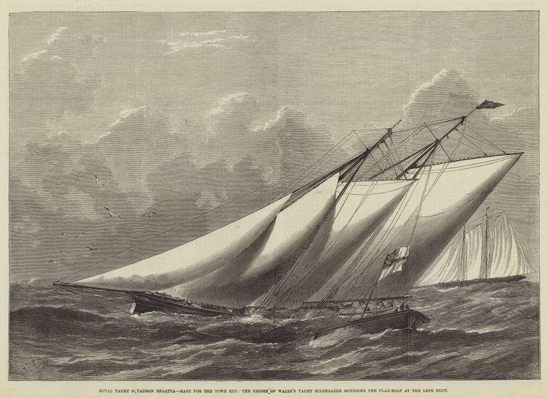 Royal Yacht Squadron Regatta, verseny a Town Cup-ért, a walesi herceg Hildegarde nevű jachtja megkerüli a zászlós hajót a Lepe bójánál. alkotó: Henry Spernon Tozer