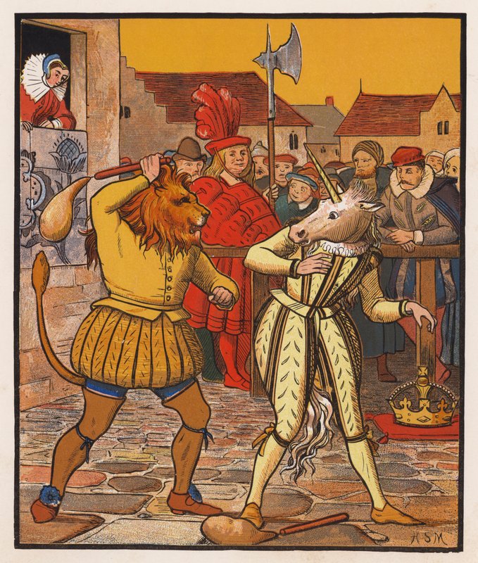 Az oroszlán és az egyszarvú (színes litográfia) alkotó: Henry Stacy (after) Marks