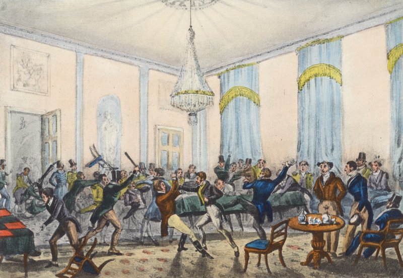 A H--ll of a row in a Hell, Mytton mutatja harc (litho) alkotó: Henry Thomas (after) Alken