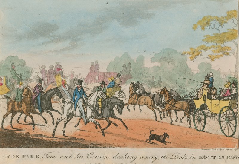 A londoni Hyde Park, Tom és unokatestvére rohannak a rózsaszínek között a Rotten Rowban alkotó: Henry Thomas Alken