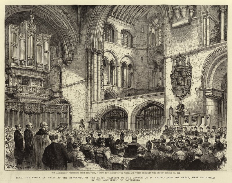 Őfelsége a walesi herceg a West Smithfield-i Nagy Szent Bertalan-templom északi kereszthajójának a Canterbury érsek általi újranyitásán. alkotó: Henry William Brewer