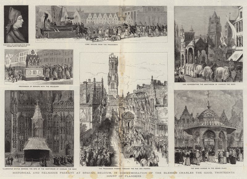 Történelmi és vallási ünnepség a belgiumi Brugge-ben, a boldog Károly, a Jó Károly, Flandria tizenharmadik grófja emlékére. alkotó: Henry William Brewer