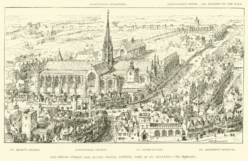 Old Broad Street és Austin Friars, London, Szent Ignác ideje (metszet) alkotó: Henry William Brewer