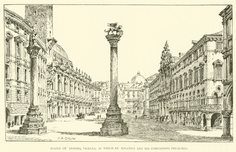Piazza dei Signori, Vicenza, ahol Szent Ignác és társai prédikáltak (metszet) alkotó: Henry William Brewer