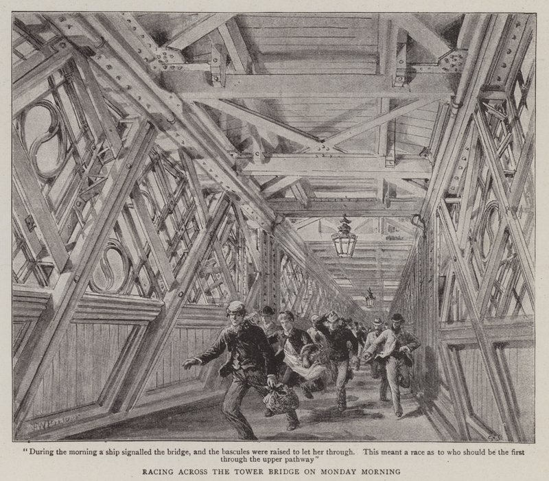 Versenyzés a Tower Bridge-en hétfő reggel alkotó: Henry William Brewer