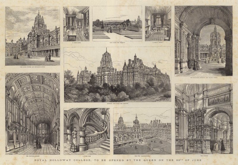 Royal Holloway College, amelyet a királynő nyit meg június 30-án alkotó: Henry William Brewer