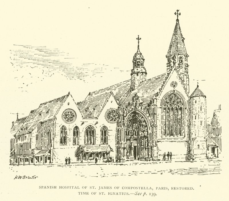 Compostellai Szent Jakab spanyol kórház, Párizs, felújított, Szent Ignác kora (metszet) alkotó: Henry William Brewer
