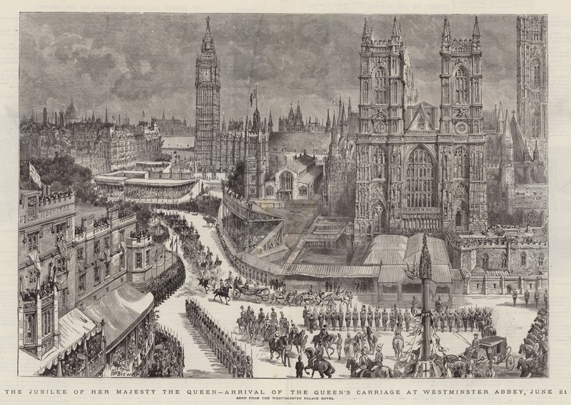 Őfelsége, a királynő jubileuma, a királynő hintójának megérkezése a Westminster-apátságba, június 21. alkotó: Henry William Brewer