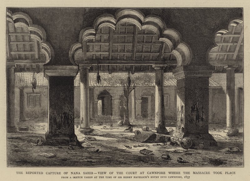 Nana Sahib jelentett elfogása, kilátás a cawnpore-i udvarról, ahol a mészárlás történt alkotó: Henry William Brewer