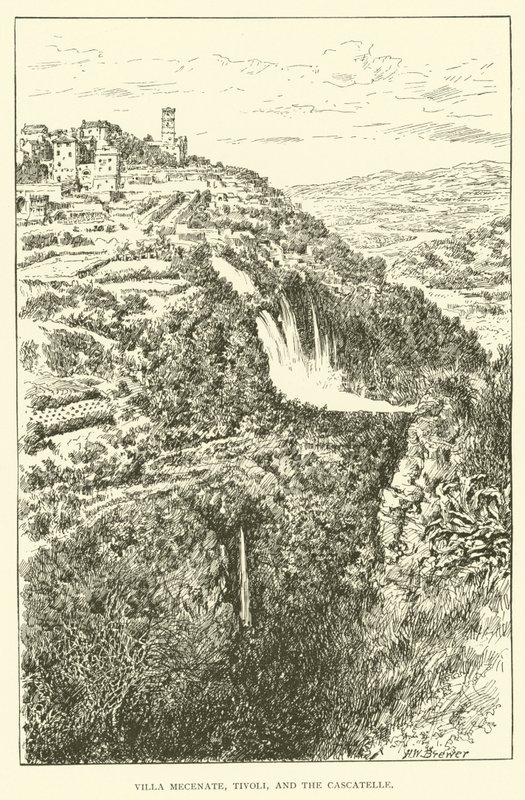Villa Mecenate, Tivoli és a Cascatelle (metszet) alkotó: Henry William Brewer