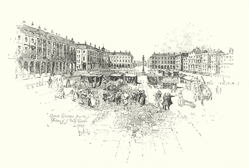 Covent Garden a londoni Szent Pál-templom portikójából, 1749-ben (litho) alkotó: Herbert (after) Railton