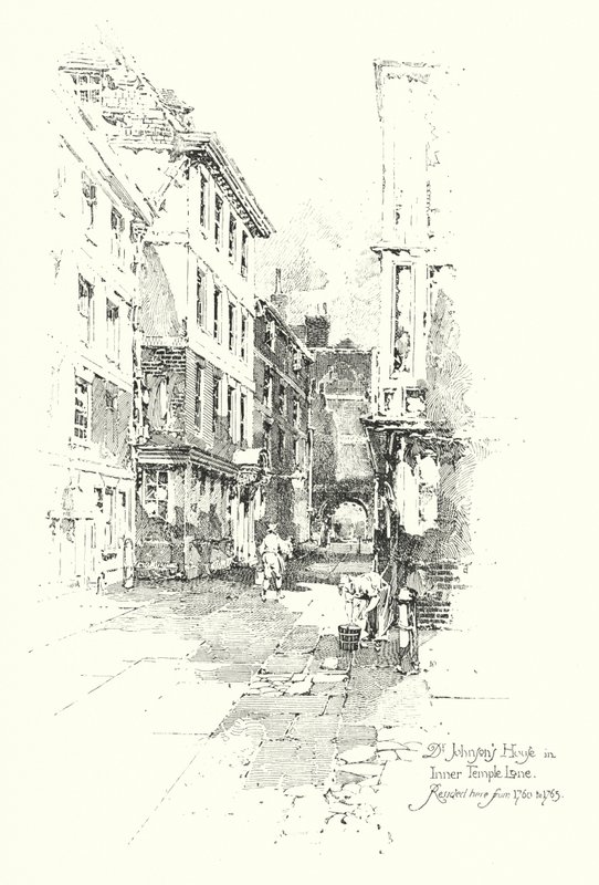 Dr. Johnson háza, az Inner Temple Lane, 1760 és 1765 között lakott ott (litho) alkotó: Herbert (after) Railton