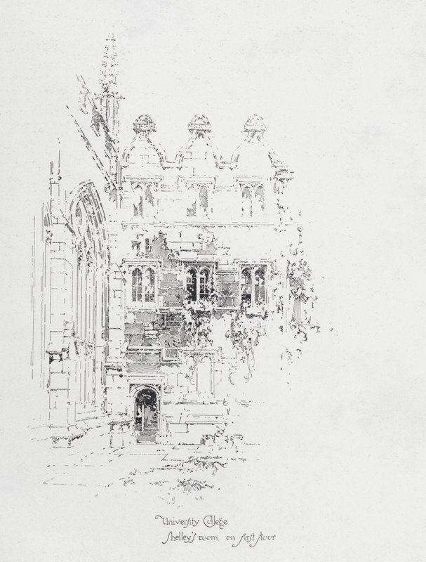 Percy Bysshe Shelley angol költő szobája az oxfordi University College első emeletén (litho) alkotó: Herbert (after) Railton