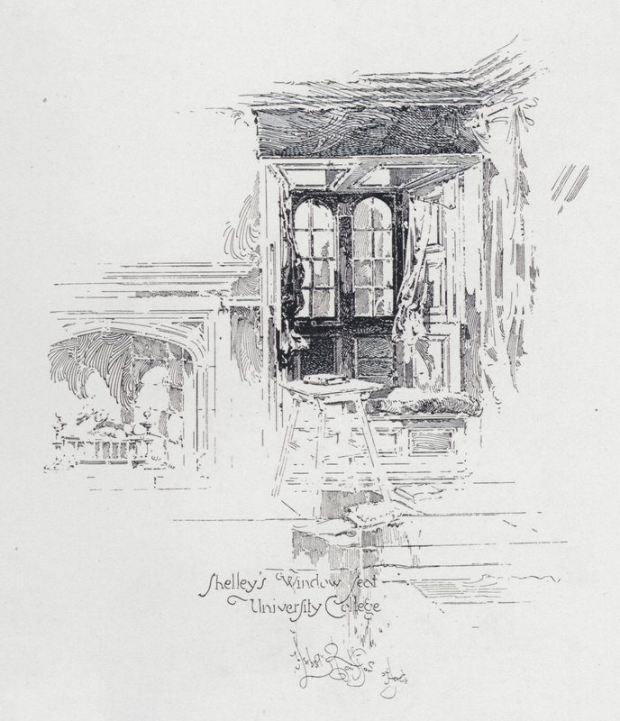 Percy Bysshe Shelley angol költő ablaka az oxfordi University College-ban (litho) alkotó: Herbert (after) Railton