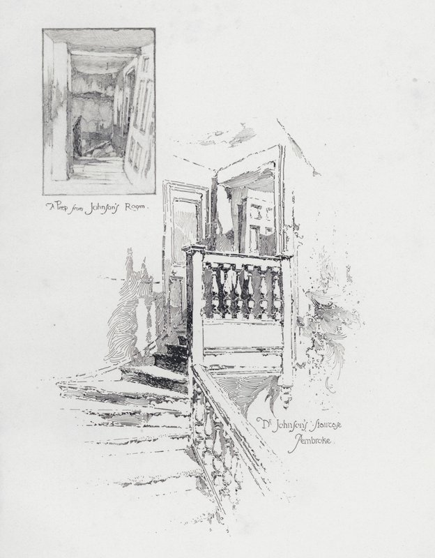 Samuel Johnson angol író szobája és lépcsőháza, Pembroke College, Oxford (litho) alkotó: Herbert (after) Railton