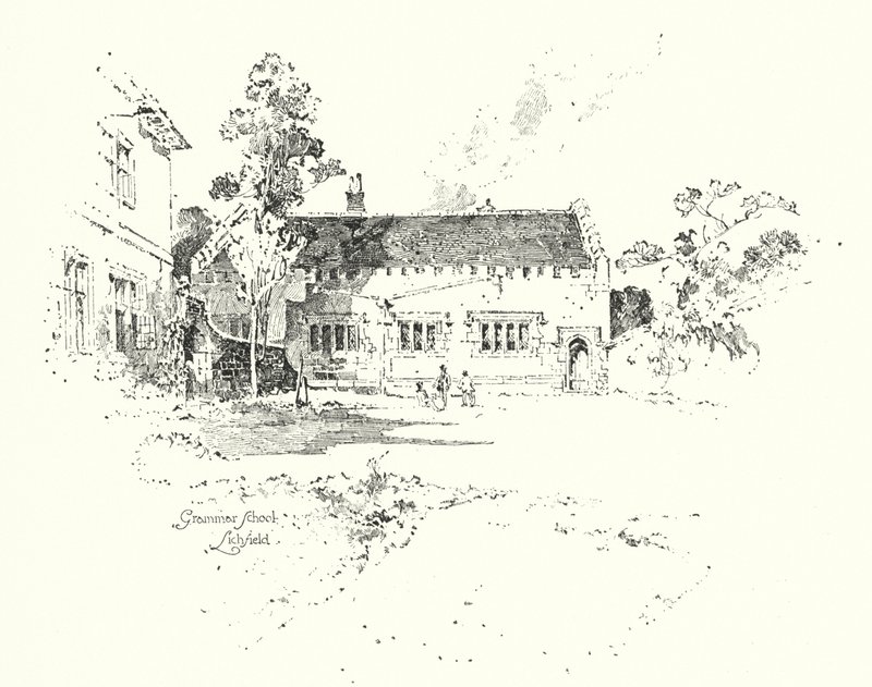 Gimnázium, Lichfield, ahol Dr. Johnson járt iskolába (litho) alkotó: Herbert (after) Railton