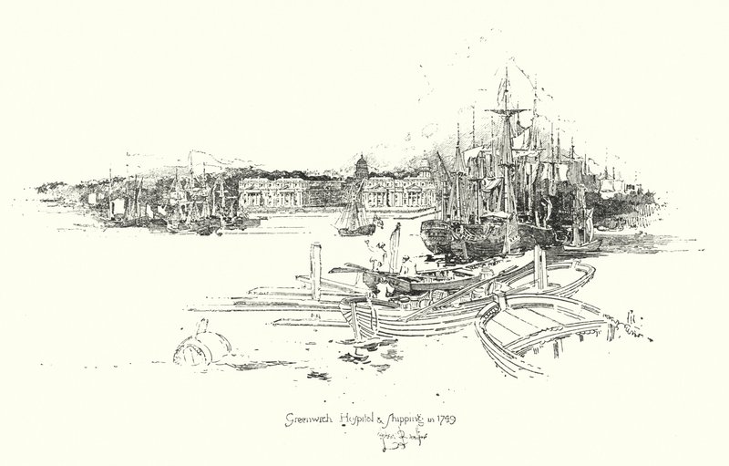 Greenwich Kórház és hajózás, 1749-ben (litho) alkotó: Herbert (after) Railton