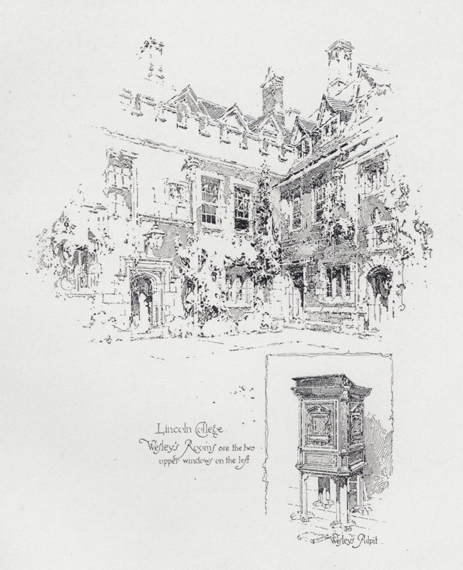 John Wesley angol metodista prédikátor által használt szószék és szobái az oxfordi Lincoln College-ban (litho) alkotó: Herbert (after) Railton