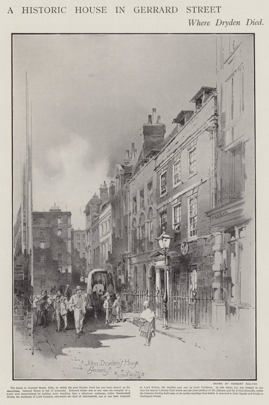 A londoni Gerrard Street-i ház, ahol John Dryden költő 1700-ban meghalt (litho) alkotó: Herbert (after) Railton
