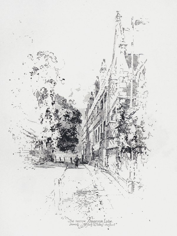 A keskeny Brasenose Lane, Oxford, amelyen az All Souls