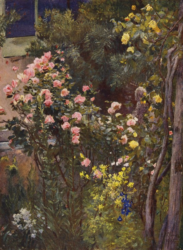 Catherine Mermet és Marechal Niel otthonában, a rózsakertben (színes litográfia) alkotó: Herbert Arnould Olivier
