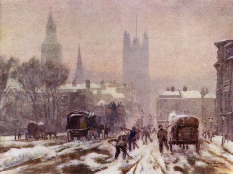 Egy havas reggel, Whitehall (színes litó) alkotó: Herbert Menzies (after) Marshall