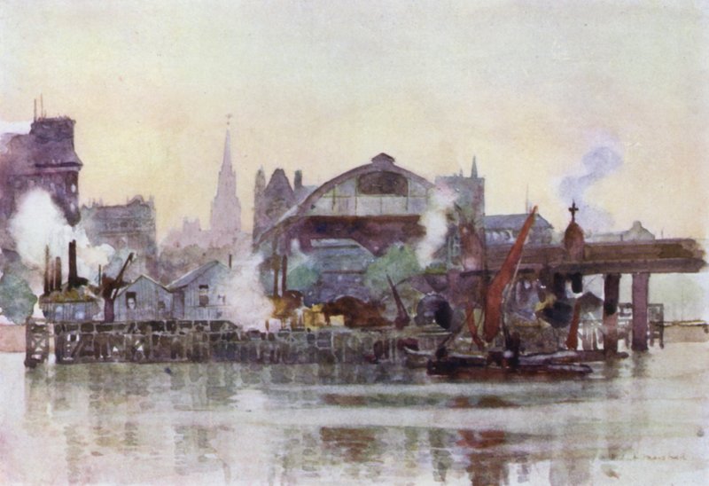 Charing Cross állomás a folyó felől (színes litó) alkotó: Herbert Menzies (after) Marshall