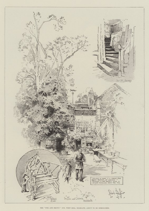 A bontás előtt álló Fox and Crown Inn, West Hill, Highgate alkotó: Herbert Railton