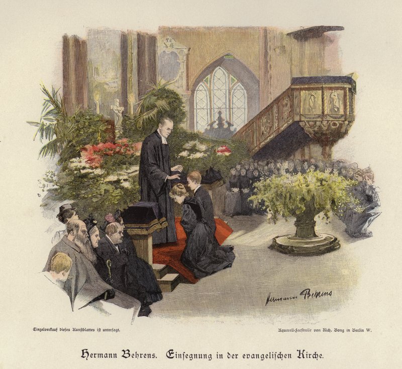 Konfirmáció az evangélikus templomban (színes metszet) alkotó: Hermann Behrens