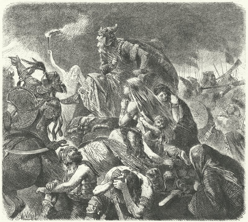 Hun Attila a vizigótok döntő támadása után a chalonsi csatában, 451 alkotó: Hermann Vogel