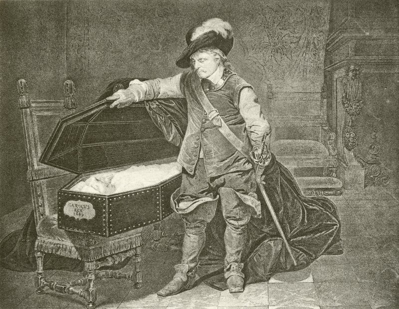Oliver Cromwell I. Károly király holttestét nézi (mélynyomás) alkotó: Hippolyte Delaroche