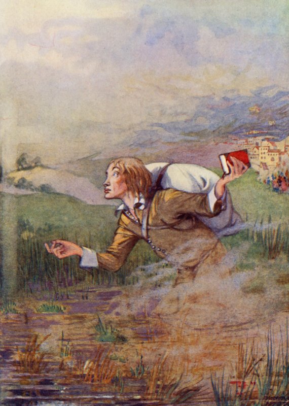 "Christian a hátán lévő teher miatt kezdett elsüllyedni a mocsárban" (színes litográfia). alkotó: Honor Charlotte Appleton