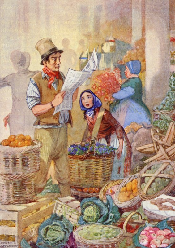 "A rongyos piaci lány felkiáltott: "Akkor a karácsony is meghal"". (színes litográfia) alkotó: Honor Charlotte Appleton