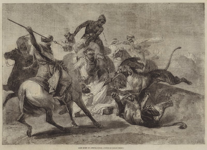 Oroszlánvadászat Afrikában alkotó: Emile Jean Horace Vernet