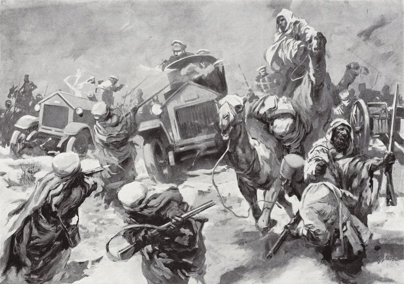Westminster hercege és páncélozott autói rohannak a Senussi által elfoglalt hajótöröttek megmentésére, 1916. március 17-én, cyrenaica államban, Észak-Afrikában alkotó: Howard K. Elcock